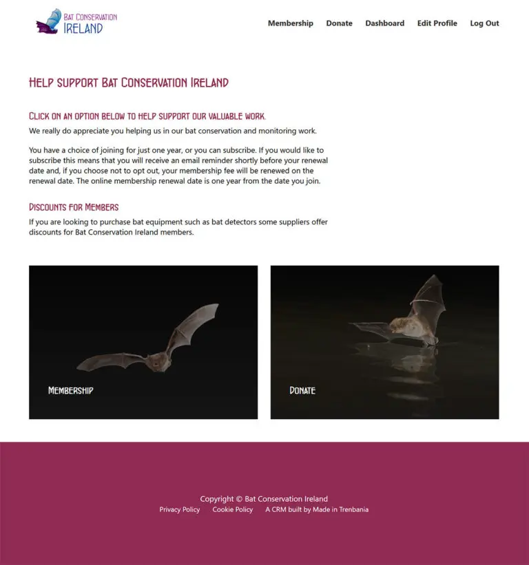 A screenshot of Bat Conservation Ireland's CRM website