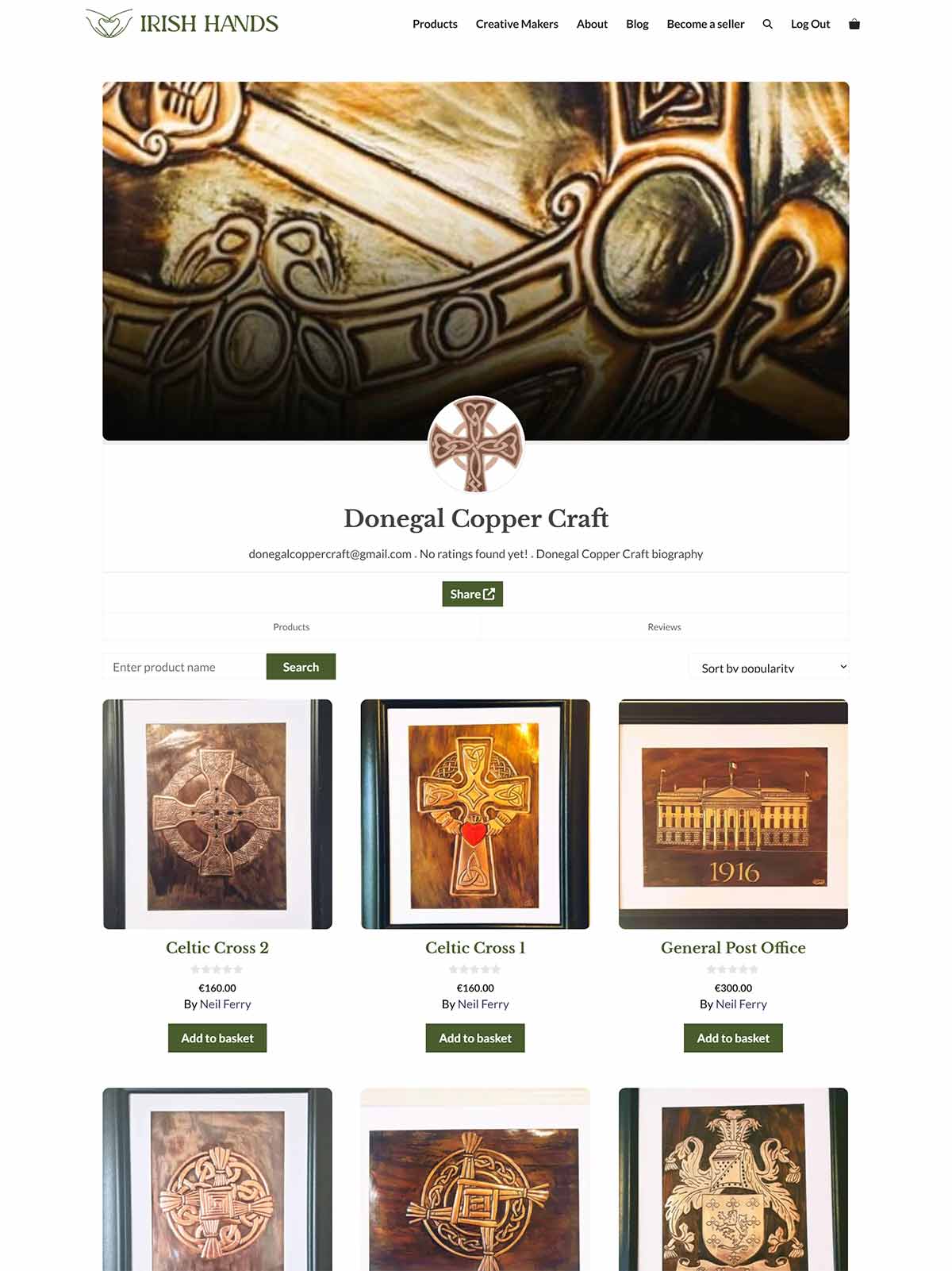 A screenshot of a shop page from the Irish Hands website