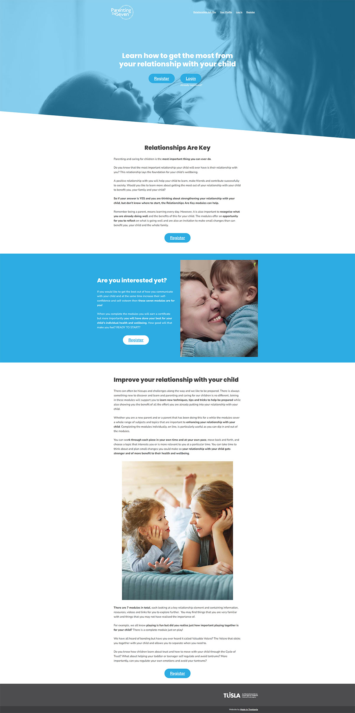 A screenshot of the home page for parenting.tusla.ie